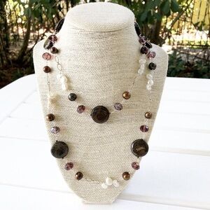 NWT Genuine Pearl, Agate, Glass Necklace 56" Long Brown White Silver Tone